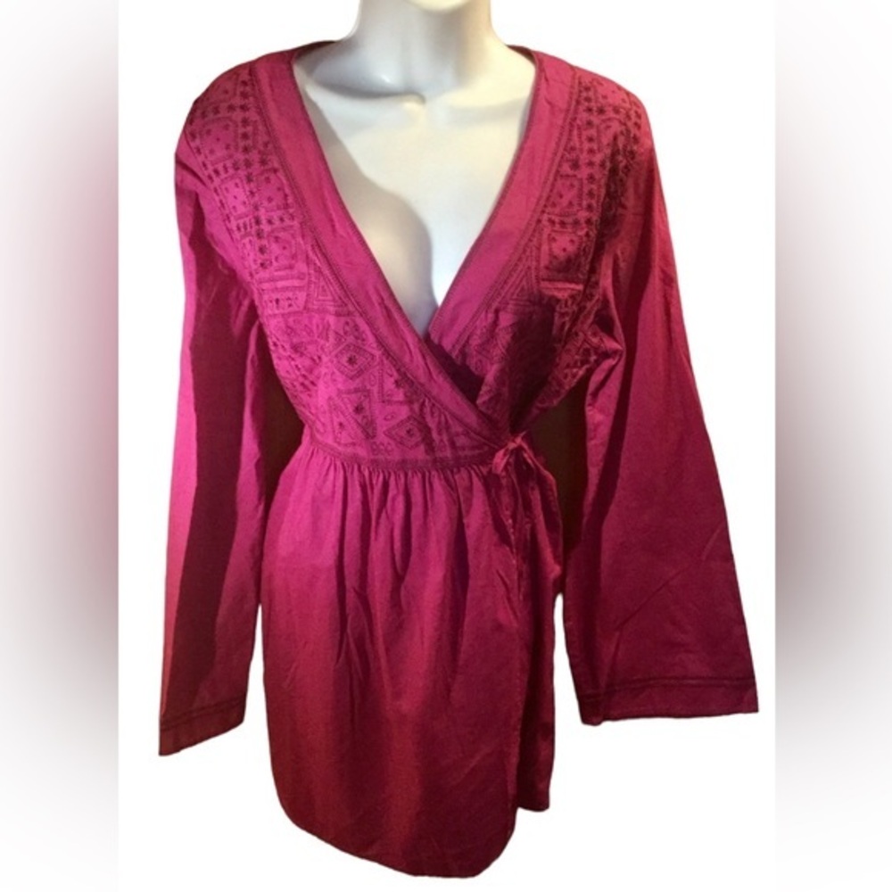 NWT💕 Raspberry Pink Cotton V Neck Embroidered Wrap Tunic Top Shirt Medium
